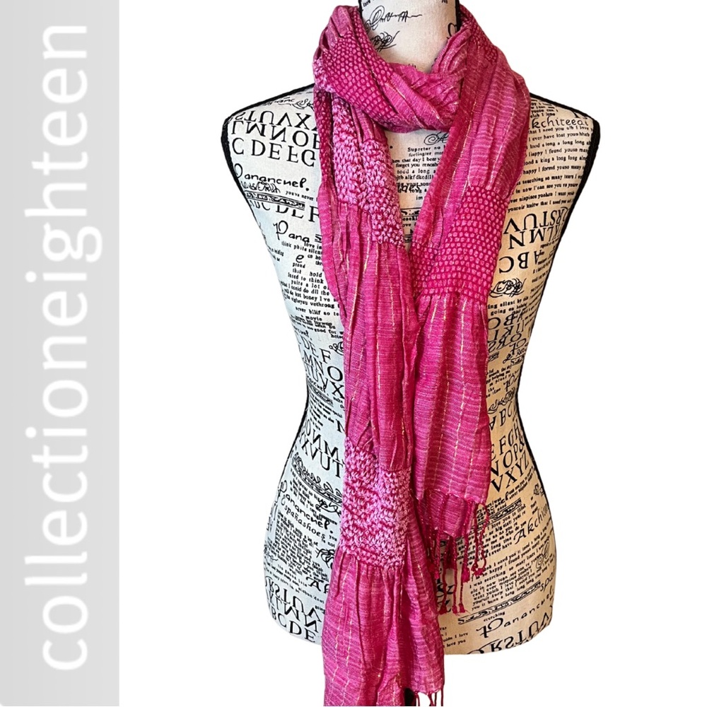 Barbie bright pink scarf with fringe and metallic gold accents by Collection 18